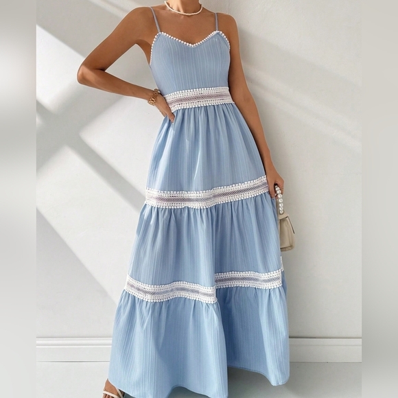 Romantic Wedding Lace Splice Color Block A-Line Maxi Cami Dress - Picture 2 of 5